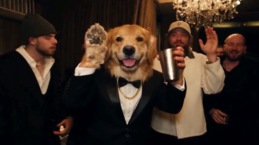 Golden retriever in a black tuxedo and bow tie waving a paw