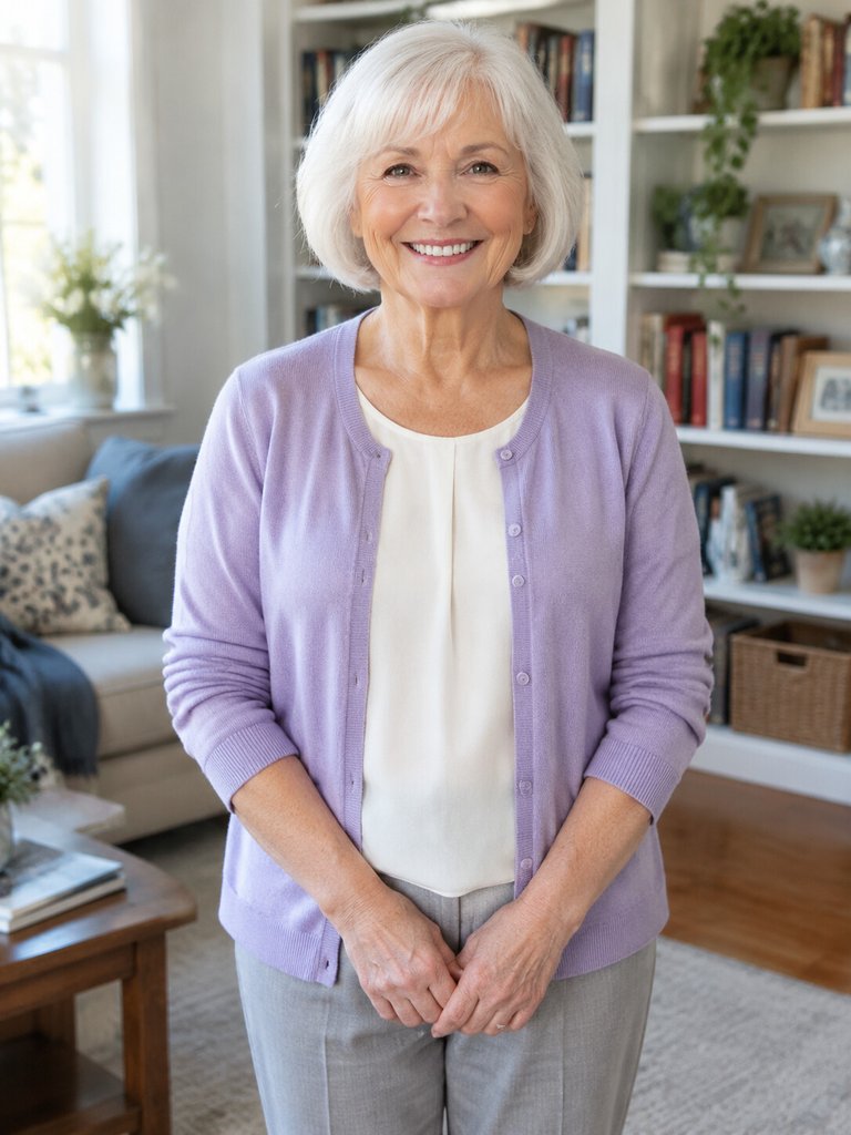 Older woman with white hair and a lavender cardigan, waist up, hands showing