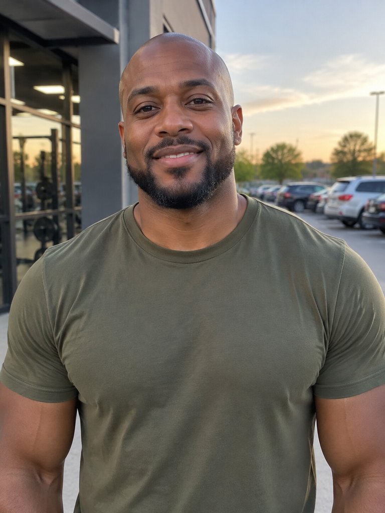 Bald man with a short beard, his face evenly lit