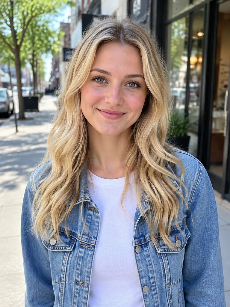 Young blonde woman in a denim jacket, alone, facing the camera